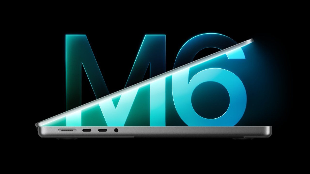 Apple marketing image posted on X by @WigettaGaming: a dark, nearly closed 14-inch MacBook Pro with a glowing teal “M6” rising from the gap between screen and keyboard, Oct. 27, 2026