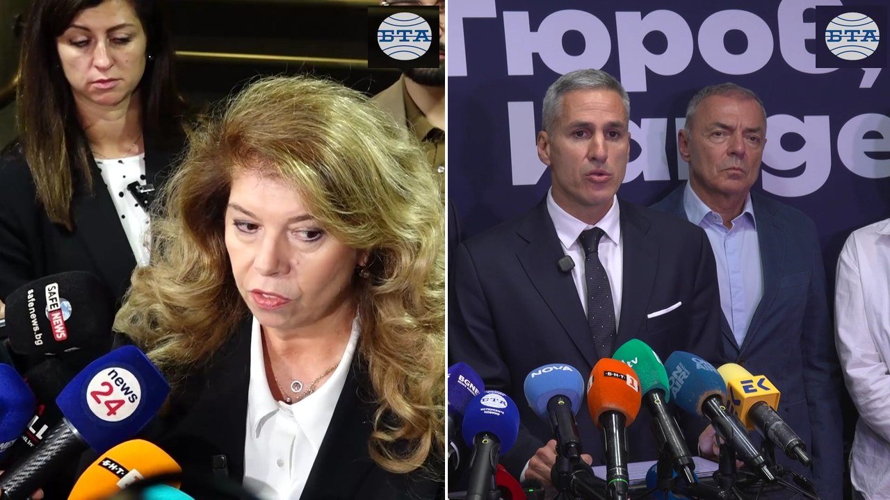 Two election-night video frames side by side: on the left, President Iliana Yotova speaks to reporters in front of a cluster of TV microphones; on the right, Andrey Gyurov speaks at a lectern beneath a campaign banner reading Gyurov, Kandev, with running mate Georgi Kandev behind him, Sofia, Oct. 25, 2026
