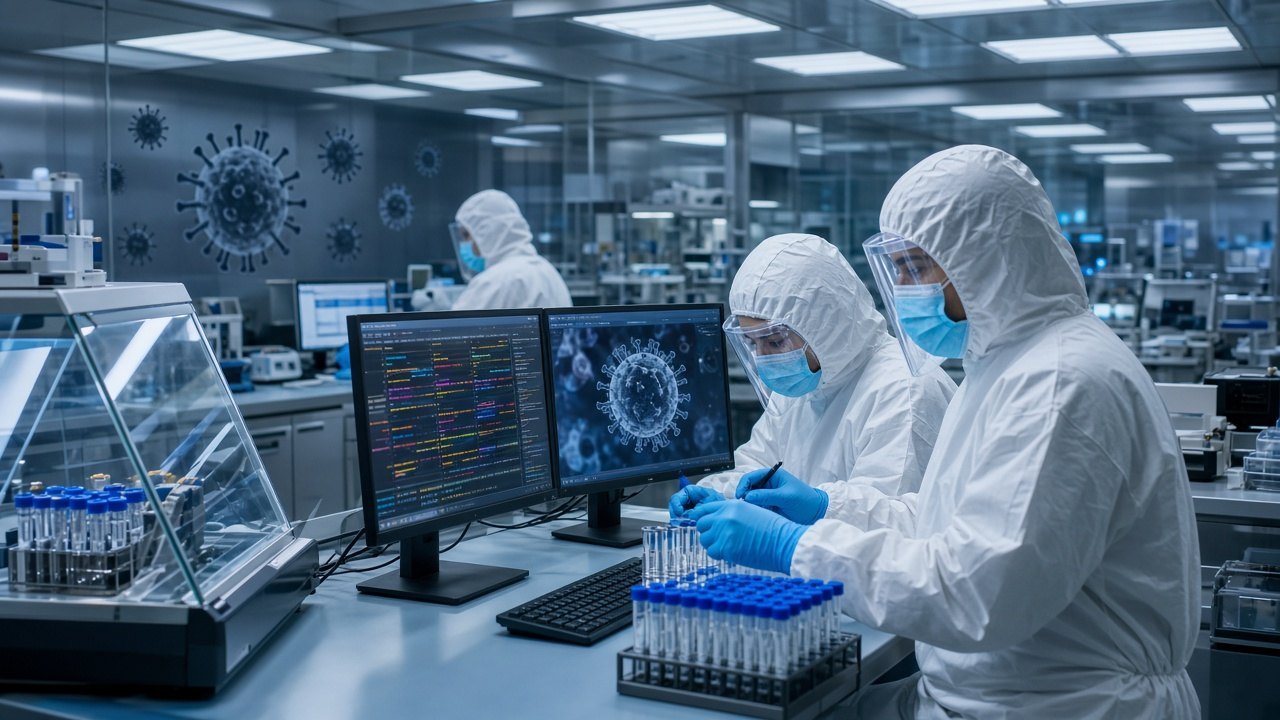 AI ILLUSTRATION · SEEMS NEWS: laboratory technicians in full yellow protective suits and respirators work inside a biosafety cabinet with diagnostic sample vials and a digital genome-sequencing display (no real people depicted)