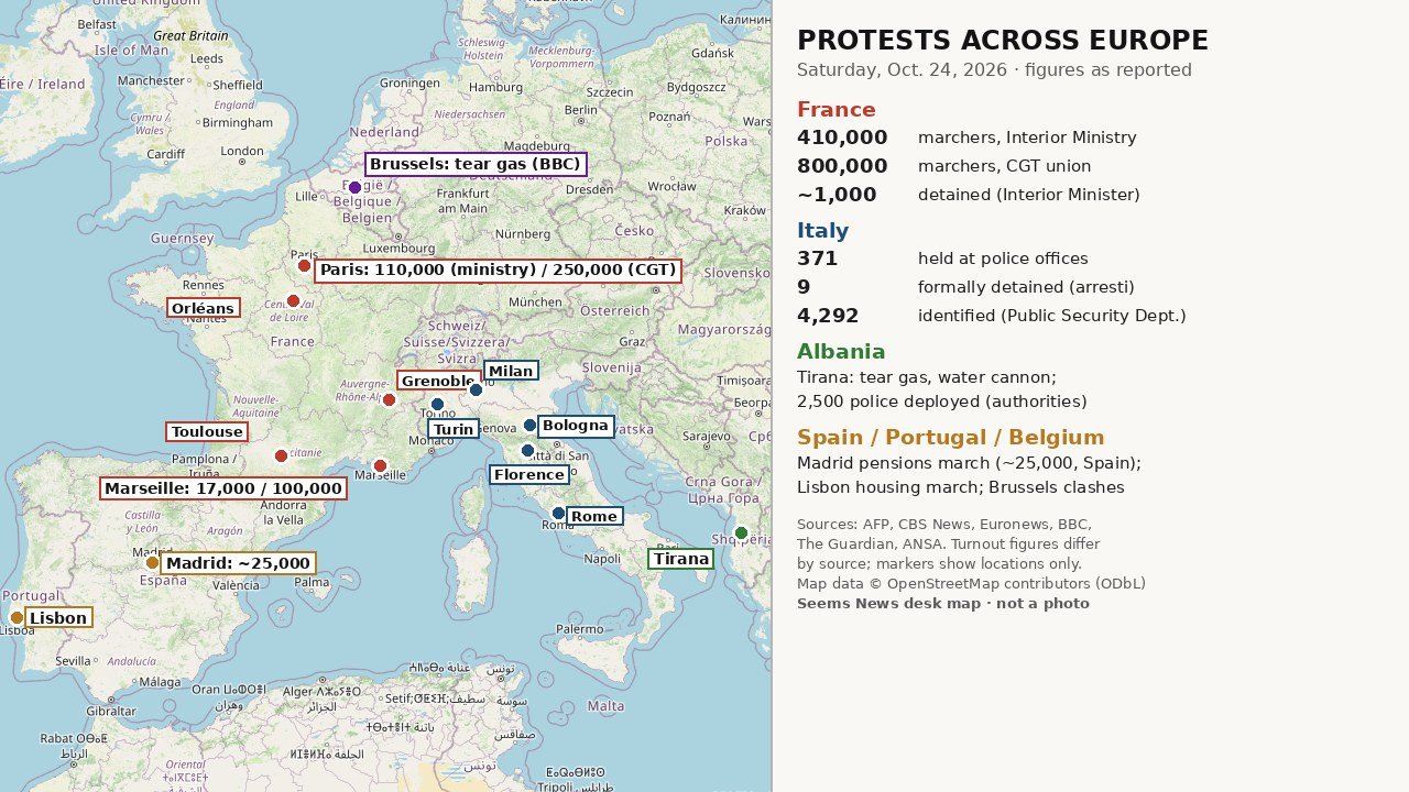 Locator map and figure panel by Seems News showing western Europe with markers for protest cities in France, Belgium, Italy, Albania, Spain and Portugal, plus reported turnout and detention figures for France and Italy