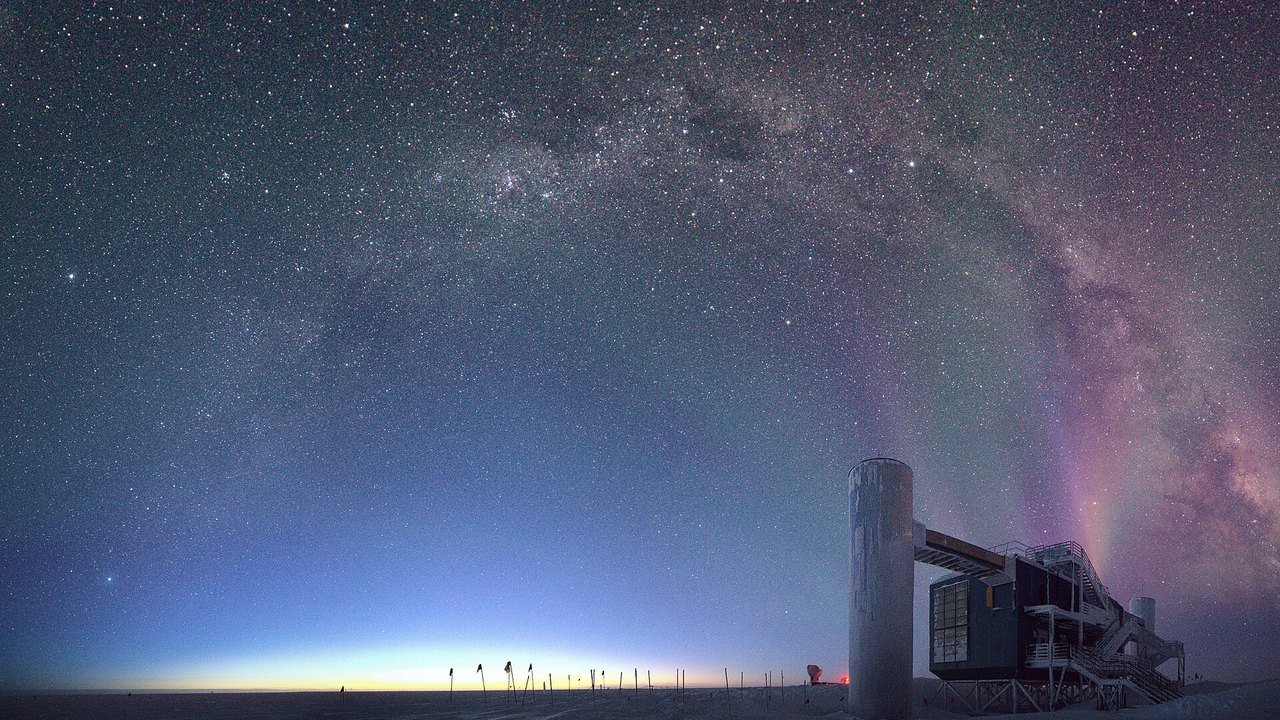 File photo: the IceCube Laboratory at the South Pole under the Milky Way and auroras in August 2020, not a photo of Tuesday’s Nobel announcement