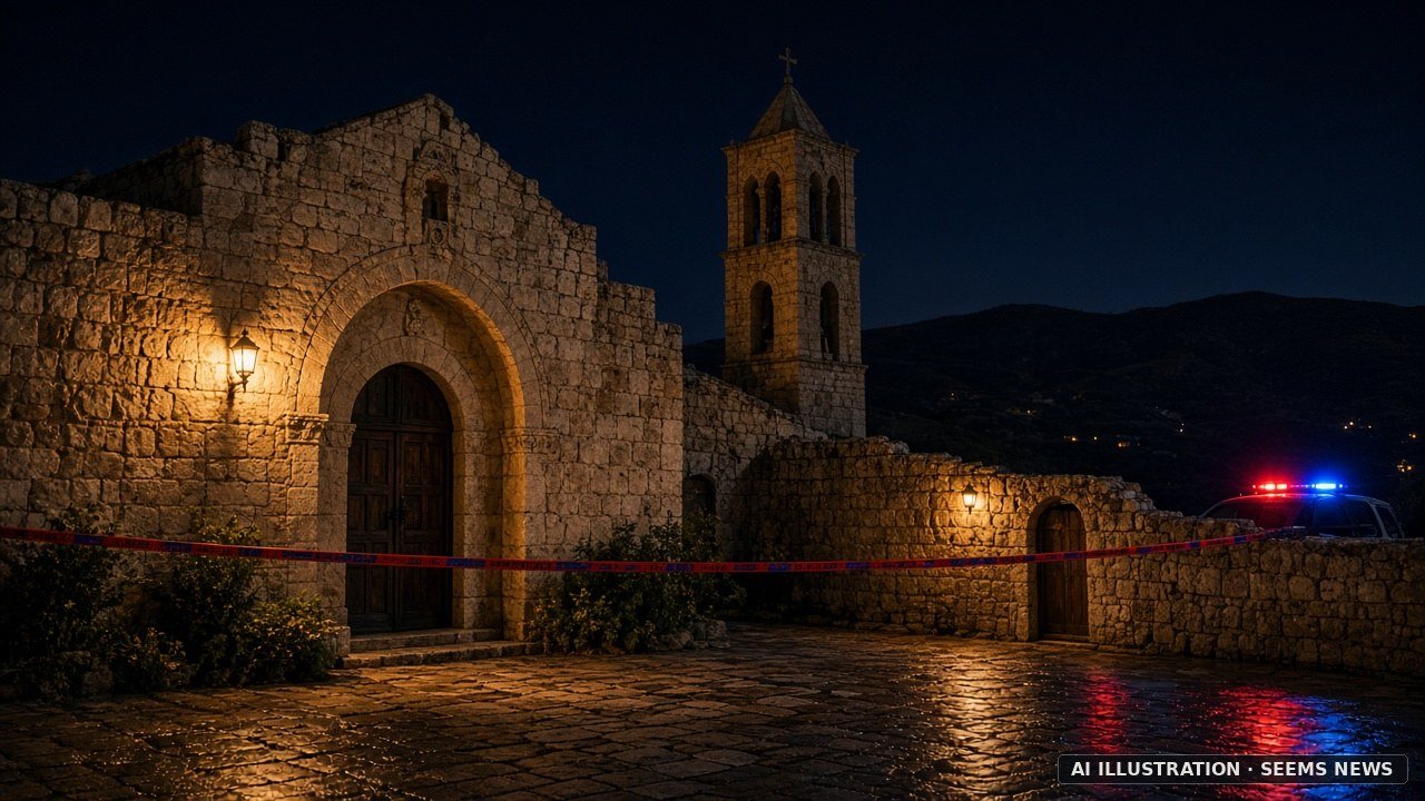 AI ILLUSTRATION · SEEMS NEWS: a historic stone church exterior in Jordan at night behind police cordon tape and red-and-blue emergency lights after the Oct. 23, 2026 attack in Karak governorate (no real people depicted)