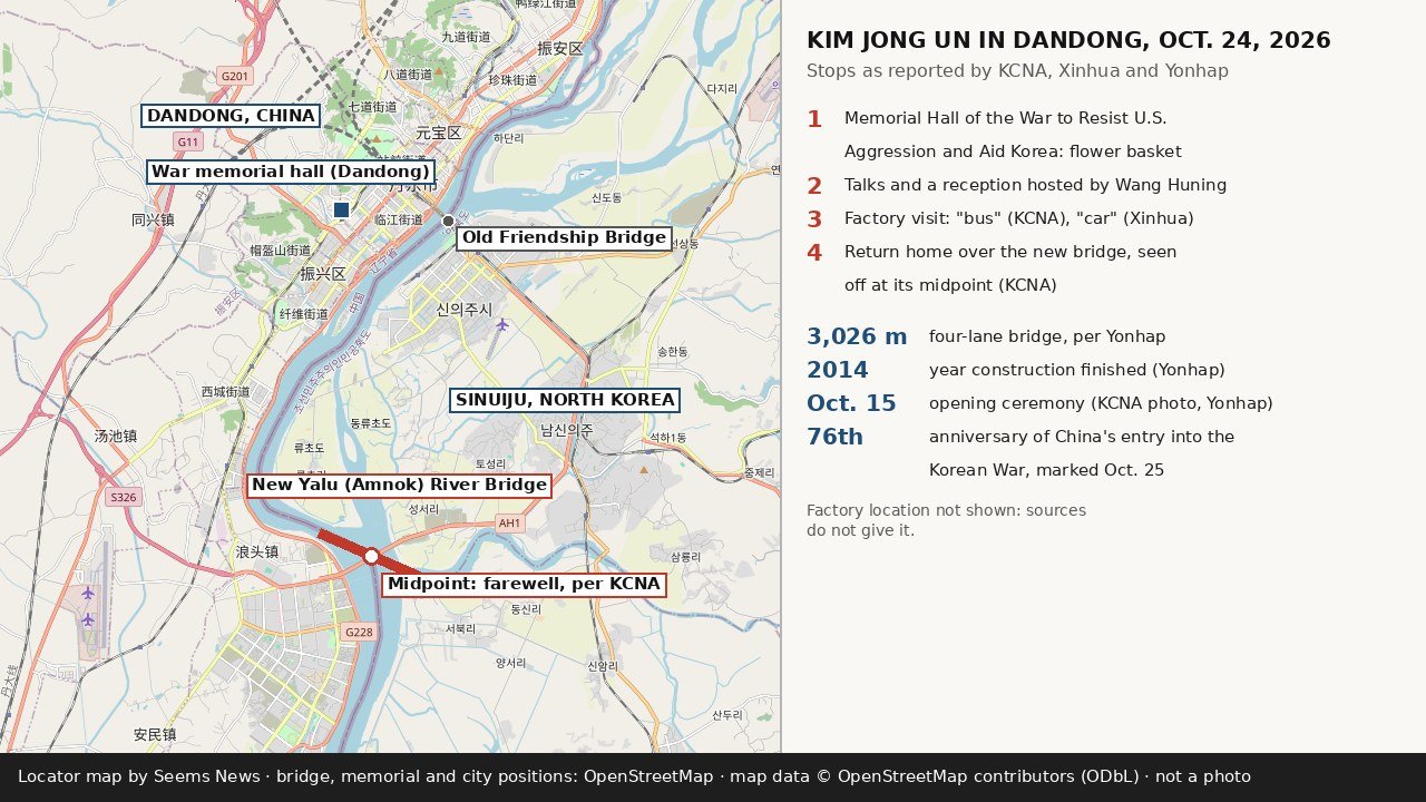 Locator map by Seems News of Dandong, China, and Sinuiju, North Korea, across the Yalu River, marking the Korean War memorial hall in Dandong, the old Friendship Bridge and the New Yalu River Bridge downstream, with a panel listing the stops of Kim Jong Un’s Oct. 24, 2026 visit