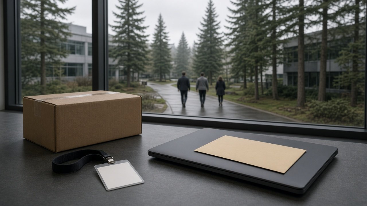 AI ILLUSTRATION · SEEMS NEWS: an empty office desk by a window holding a closed cardboard box, a lanyard with a blank badge and a closed unbranded laptop with a blank envelope on top, while a few small figures seen only from behind walk away along a wet path among evergreens on an unnamed office campus (no real people depicted)