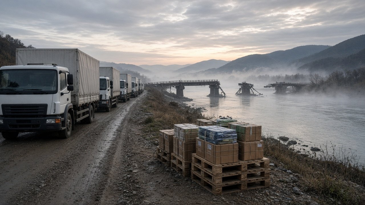 AI ILLUSTRATION · SEEMS NEWS: a convoy of white humanitarian relief trucks and wrapped aid pallets lined up along a misty riverbank road near a damaged bridge crossing on the lower Dnipro River at dawn (no real people depicted)