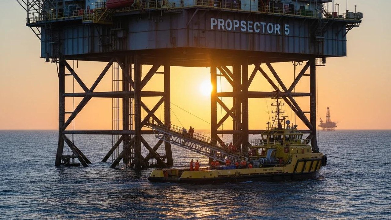 The Prospector 5 three-legged jack-up drilling rig at sea with an offshore support vessel alongside its hull