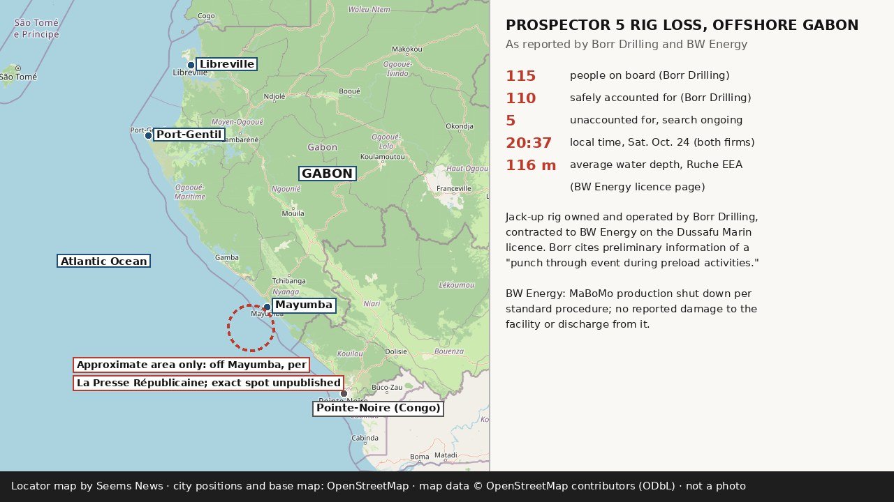 Locator map by Seems News of the Gabon coast from Libreville to Pointe-Noire, with a dashed red circle offshore Mayumba marking only an approximate area for the Prospector 5 rig loss, and a side panel listing 115 aboard, 110 accounted for, five unaccounted for and the 20:37 local time given by Borr Drilling and BW Energy