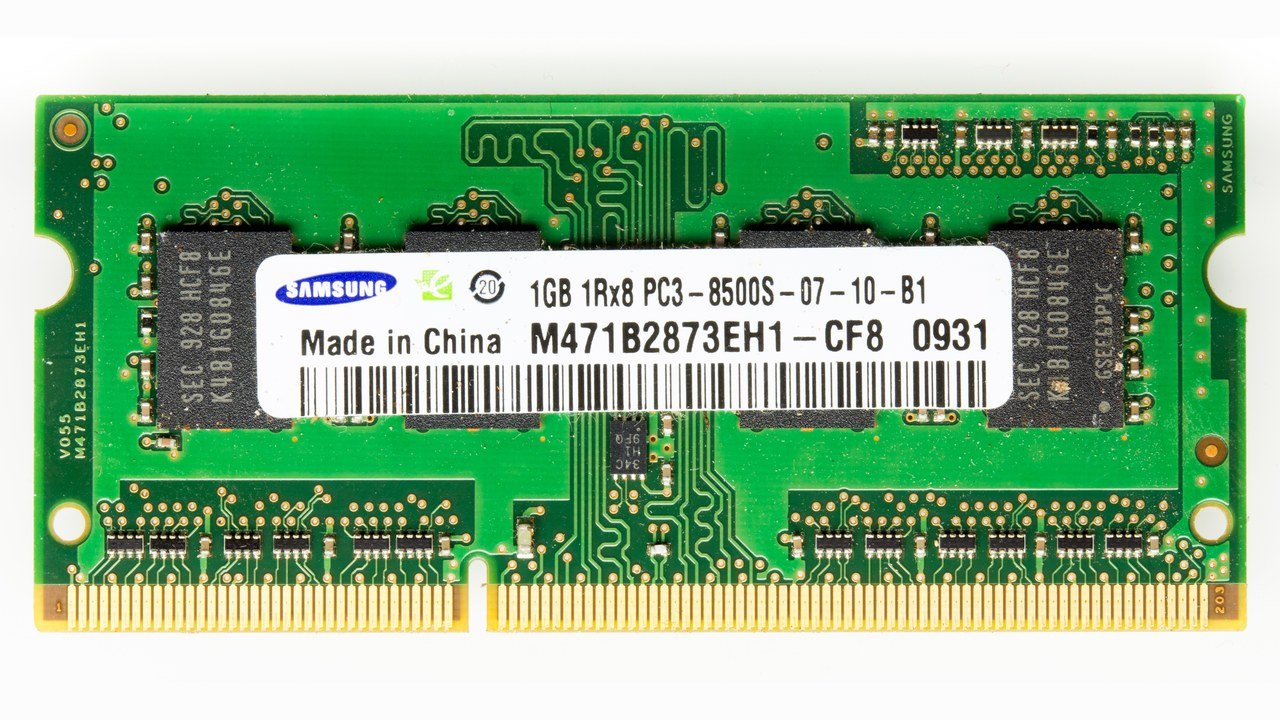 Stand-in, not a photo of this event: a 2015 file photo of a green Samsung laptop memory module with black DRAM chips and a white Samsung label, against a white background