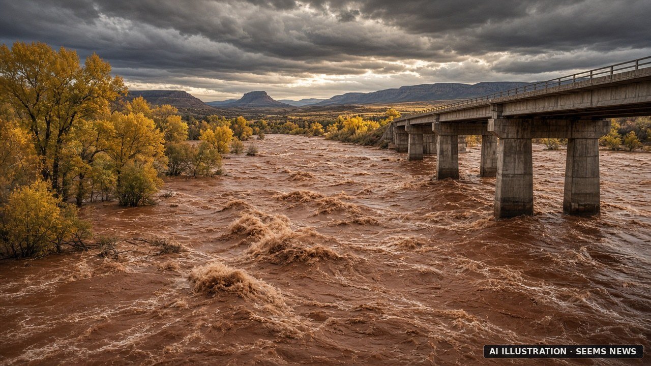 AI ILLUSTRATION · SEEMS NEWS: muddy, debris-filled floodwaters of the San Juan River surging against highway bridge pilings and golden autumn cottonwood trees near Farmington, New Mexico during the Oct. 23–24, 2026 flood of record (no real people depicted)