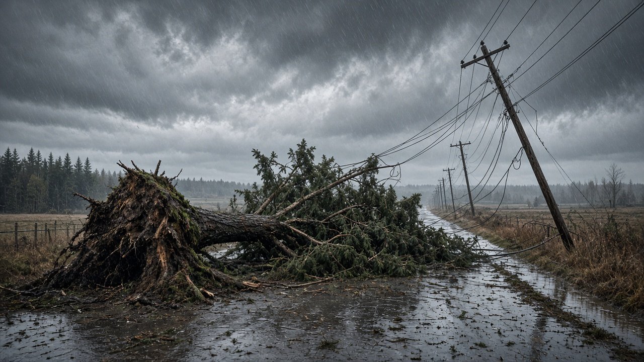 AI ILLUSTRATION · SEEMS NEWS: an uprooted conifer tree lies across a rain-slicked rural road in Scotland beside tilted wooden utility poles and downed power lines during Storm Boelo on Oct. 25, 2026 (no real people depicted)