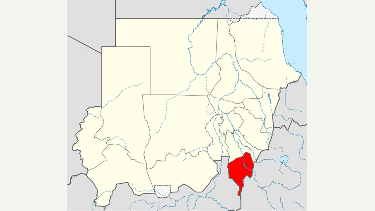 Locator map of Sudan with Blue Nile State highlighted in red in the country’s southeast, on the border with South Sudan and Ethiopia