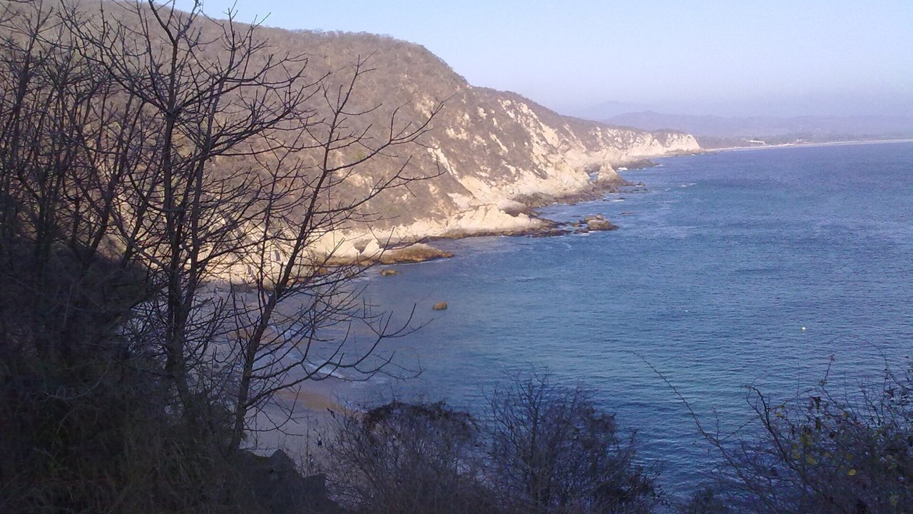 Stand-in, not a photo of this event: calm blue water of Tehuamixtle bay in Cabo Corrientes, Jalisco, below pale rocky cliffs and bare trees on a clear day, 2012