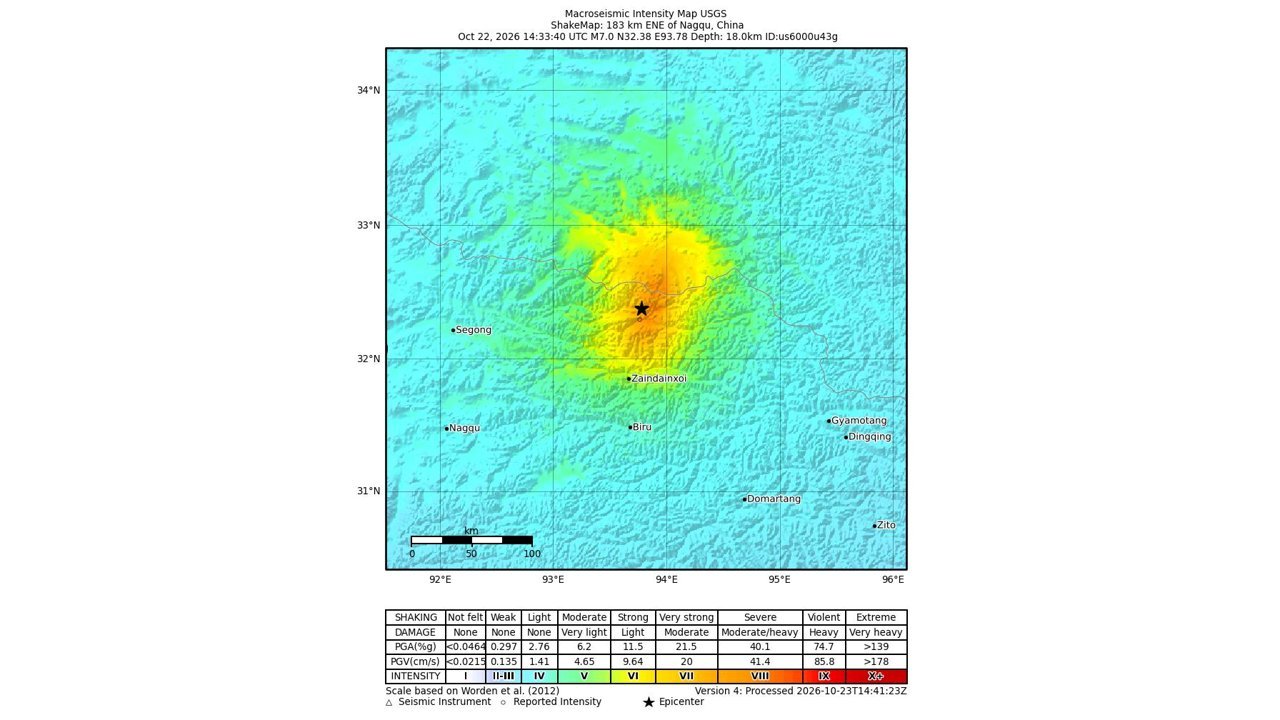 USGS map of shaking intensity from the magnitude 7.0 earthquake of Oct. 22, 2026, with the epicenter northeast of Nagqu, Tibet