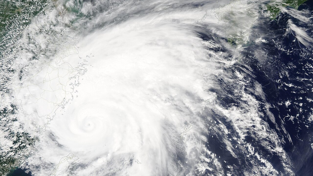 Stand-in: August 2019 NASA satellite image of Super Typhoon Lekima nearing the coast of China, not this week's storm