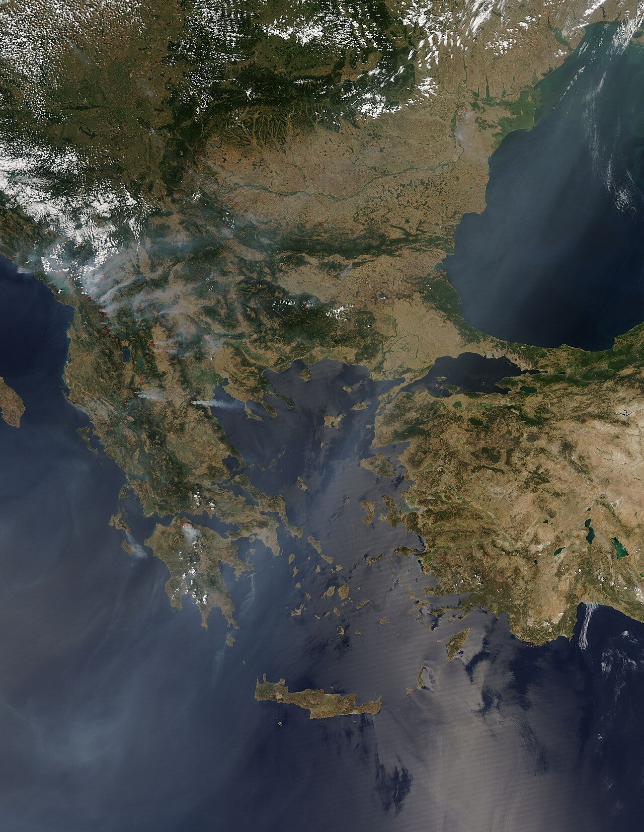 Balkan Fires, Earth from Aqua (EOS PM-1) (2007-07-25) — free Wikimedia Commons media